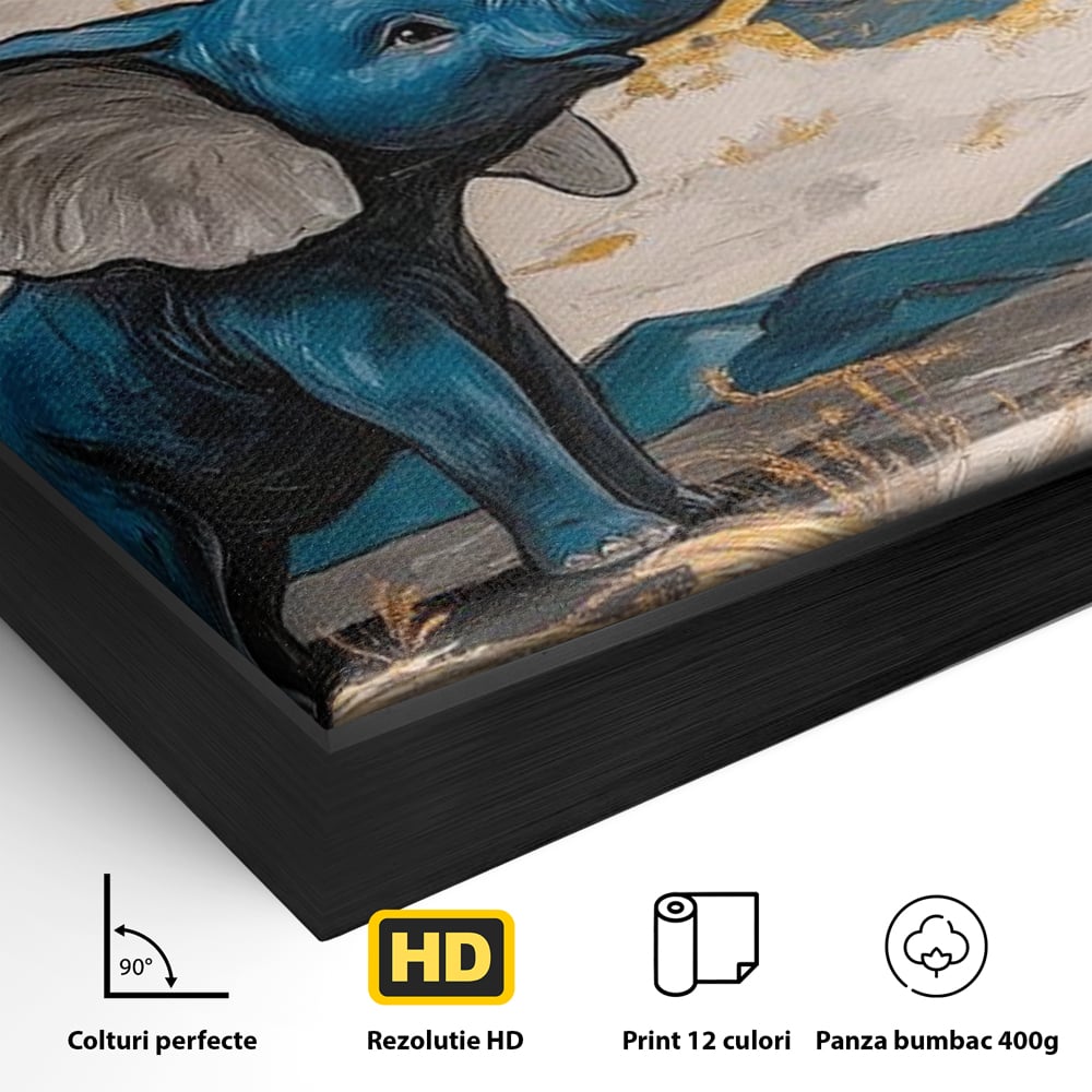 Detaliu al suprafetei: tablou canvas cu elefant albastru, in rama de aluminiu negru